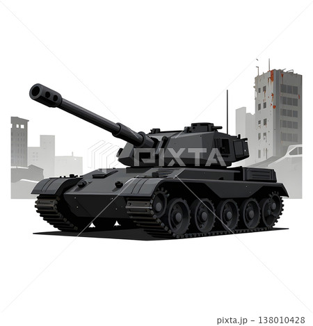 An army battle tank with a cannon on tracks. Military paint. Comic illustration. 138010428