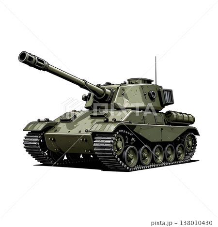 An army battle tank with a cannon on tracks. Military paint. Comic illustration. 138010430