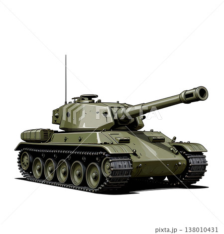 An army battle tank with a cannon on tracks. Military paint. Comic illustration. 138010431