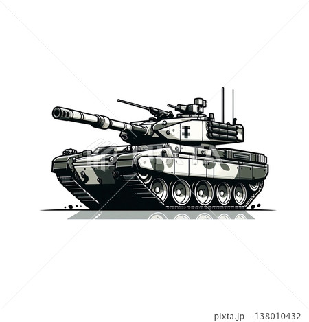 An army battle tank with a cannon on tracks. Military paint. Comic illustration. 138010432