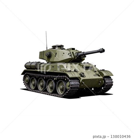An army battle tank with a cannon on tracks. Military paint. Comic illustration. 138010436