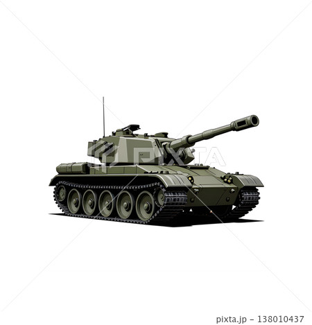 An army battle tank with a cannon on tracks. Military paint. Comic illustration. 138010437