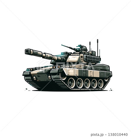 An army battle tank with a cannon on tracks. Military paint. Comic illustration. An army battle tank with a cannon on tracks. Military paint. Comic illustration. 138010440