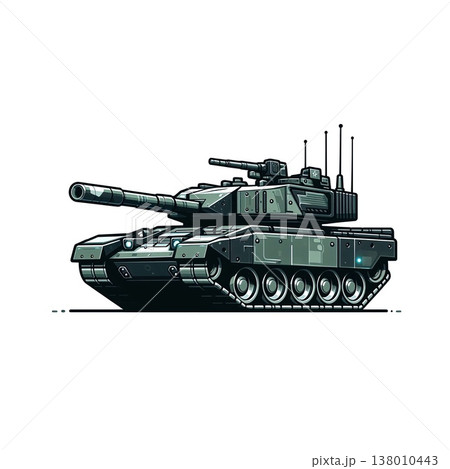 An army battle tank with a cannon on tracks. Military paint. Comic illustration. 138010443