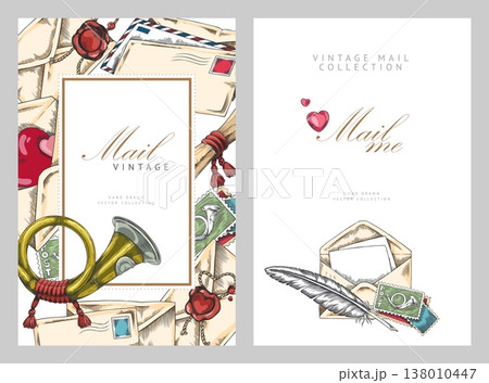 Vintage mail poster hand drawn vector design, envelope with hearts, wax seal, postage stamp, post horn and feather pen 138010447