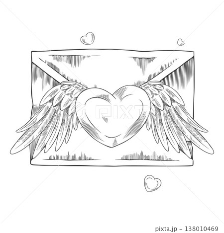 Envelope letter with heart and wings vector sketch, hand drawn engraved romantic Valentine's Day gift, love mail message Envelope letter with heart and wings vector sketch, hand drawn engraved romantic Valentine's Day gift, love mail message 138010469