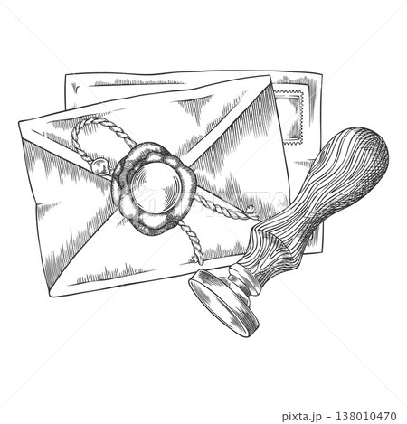Sketch of postal envelopes, with stamps, sealed with wax, with a seal with a wooden handle. 138010470