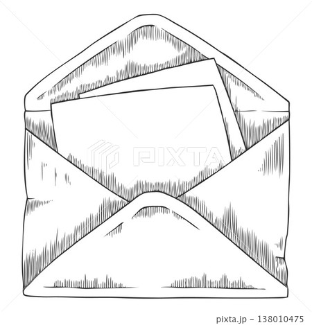 Vintage monochrome sketch of an open mailing envelope with a blank page. Vintage monochrome sketch of an open mailing envelope with a blank page. 138010475