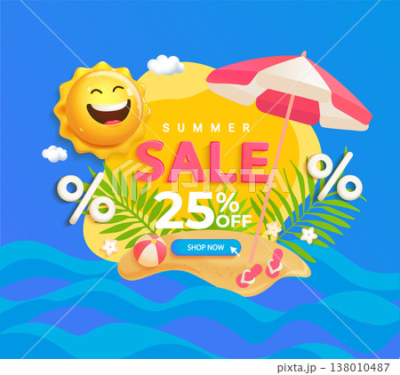 Summer Sale banner with smiling 3d sun,wavy blue sea, beach, tropical leaves, promotion to shop now.Hot season discounts. Invitation for limited time shopping with clearance,template for design.Vector 138010487