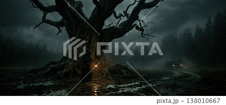 Mysterious Hooded Figure Holding Lantern by Massive Gnarled Tree on Rainy Night Mysterious Hooded Figure Holding Lantern by Massive Gnarled Tree on Rainy Night 138010667