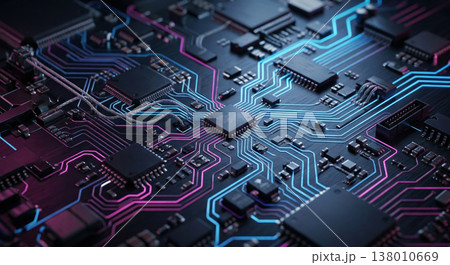 Abstract Futuristic Circuit Board Macro with Glowing Neon Blue and Magenta Traces 138010669