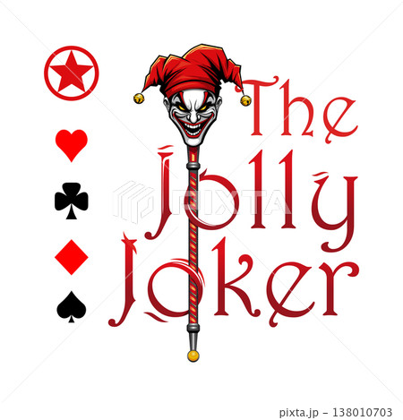 Jolly Joker. Evil jester joker head with red hat and creepy smile. Vector 138010703