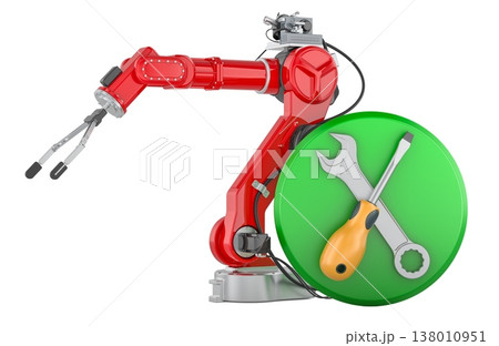 Industrial robotic arm with repair tools service, concept of robot maintenance and technical support. 3d rendering 138010951