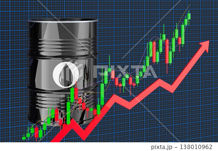 Black oil barrel with bullish candlestick chart and upward arrow, concept of rising crude prices and energy market growth, 3d rendering 138010962