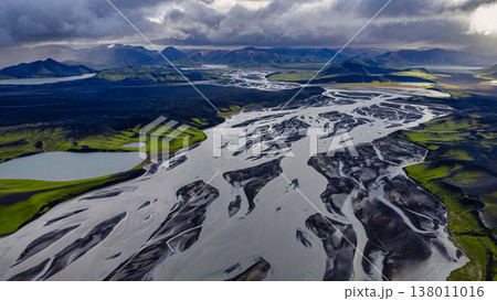 Aerial View of Braided Rivers and Volcanic Landscape in Iceland 138011016