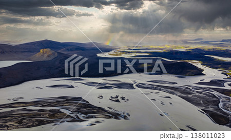 Aerial View of Braided Rivers and Volcanic Landscape in Iceland 138011023