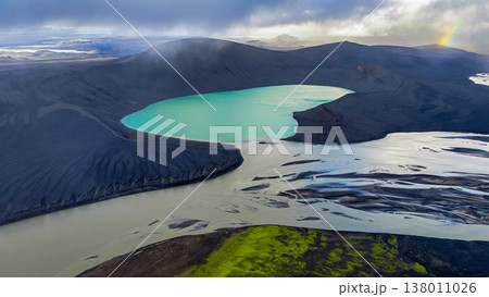 Aerial View of Turquoise Crater Lake and Volcanic Terrain in Iceland 138011026