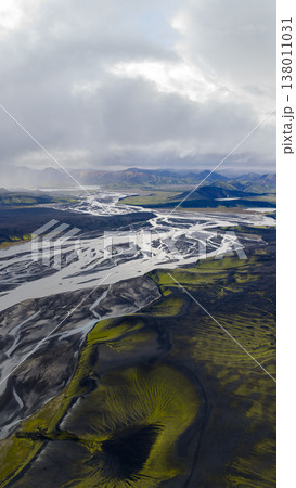 Aerial View of Braided Rivers in Volcanic Landscape, Iceland Aerial View of Braided Rivers in Volcanic Landscape, Iceland 138011031
