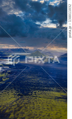 Aerial View of Icelandic Volcanic Terrain with Moss and Rivers 138011032