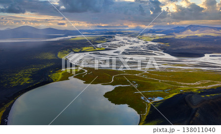 Aerial View of Iceland's Winding River, Lake, and Volcanic Terrain 138011040