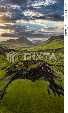 Aerial View of Volcanic Crater and Moss Covered Terrain in Iceland 138011057