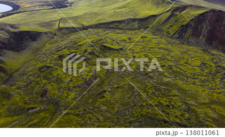 Aerial View of Moss Covered Volcanic Landscape in Iceland 138011061