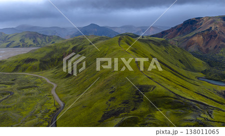 Aerial View of Landmannalaugar's Rhyolite Mountains and Hills 138011065