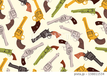 Vintage revolver seamless pattern with western gun illustration 138011534