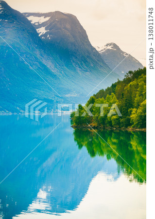 Mountains and fjord in Norway, 138011748
