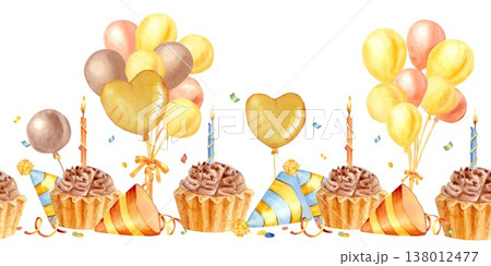 A bright, festive horizontal seamless border of yellow, orange, and brown balloons and hearts, party hats, and cupcakes with flaming candles. Hand-drawn watercolor clip art on an isolated background. 138012477