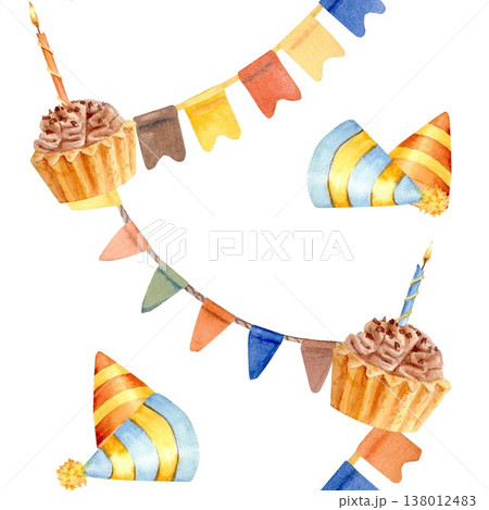 Bright festive seamless pattern of garlands of triangular flags, cupcakes with burning candles, striped party hats. Hand-drawn watercolor clip art on an isolated background for birthday parties. 138012483