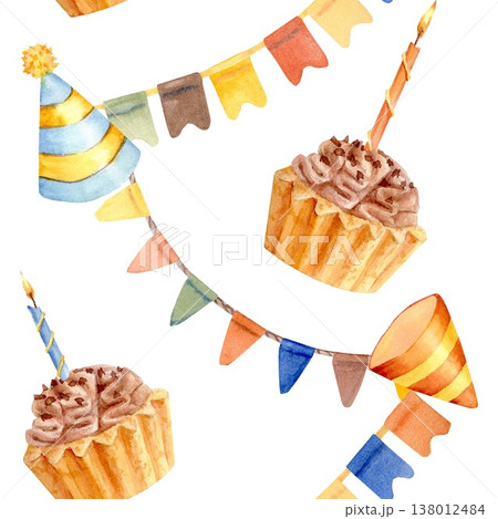 Bright festive seamless pattern of garlands of triangular flags, cupcakes with burning candles, striped party hats. Hand-drawn watercolor clip art on an isolated background for birthday parties. Bright festive seamless pattern of garlands of triangular flags, cupcakes with burning candles, striped party hats. Hand-drawn watercolor clip art on an isolated background for birthday parties. 138012484
