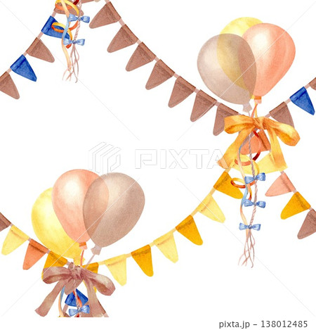 A vibrant seamless pattern featuring garlands of triangular flags and yellow, brown, and orange balloons. Hand-drawn in watercolor on an isolated background, this design is perfect for birthdays. A vibrant seamless pattern featuring garlands of triangular flags and yellow, brown, and orange balloons. Hand-drawn in watercolor on an isolated background, this design is perfect for birthdays. 138012485