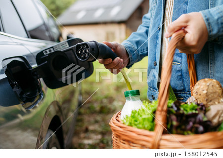 Close up of charging of electric car in front of house, plugging the charger into the charging port. House with solar panel system on roof behind. 138012545