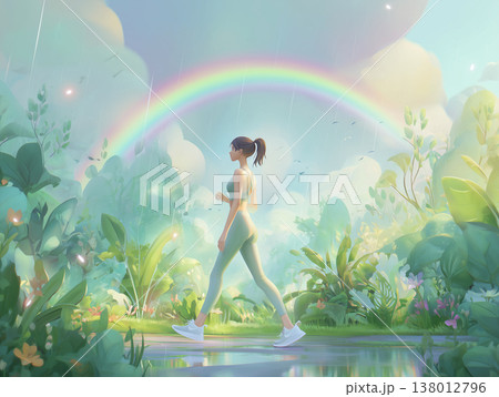 雨上がりの虹の下をジョギングする女性 138012796