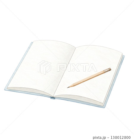 開いたノートと鉛筆のシンプル素材 学習メモイメージ 文房具 白背景 138012800