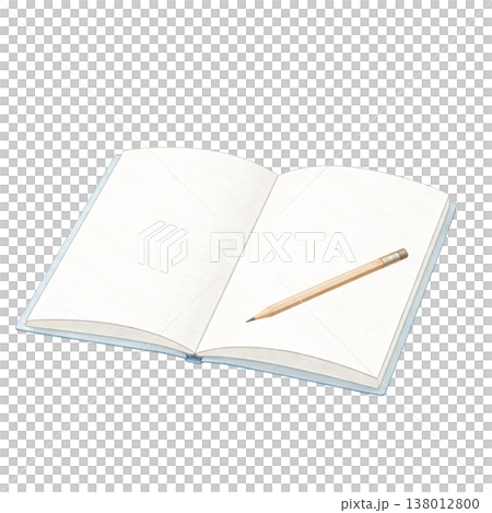 開いたノートと鉛筆のシンプル素材 学習メモイメージ 文房具 白背景 138012800
