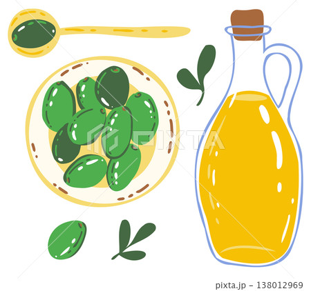 Olive Oil Bottle with Green Olives in Bowl and Spoon, Mediterranean Healthy Food Illustration, Flat Vector Cartoon Style Cooking Ingredient Concept for Kitchen, Diet and Organic Lifestyle Olive Oil Bottle with Green Olives in Bowl and Spoon, Mediterranean Healthy Food Illustration, Flat Vector Cartoon Style Cooking Ingredient Concept for Kitchen, Diet and Organic Lifestyle 138012969