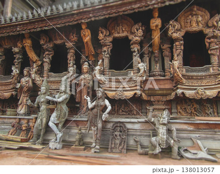 Intricate wooden sculptures of deities at the Sanctuary of Truth in Pattaya Thailand 138013057
