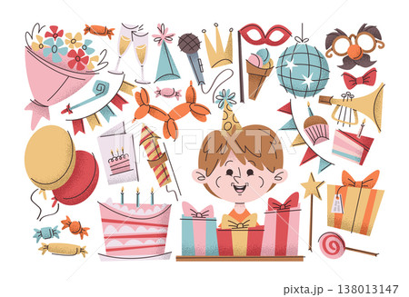 Vibrant collection of birthday themed elements specifically designed for kid party celebration 138013147