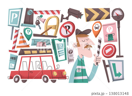 Professional parking service elements set including road signs, valet stands, meters and barriers Professional parking service elements set including road signs, valet stands, meters and barriers 138013148