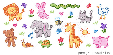 Set of cute colorful domestic farm and wild zoo, forest animals and insects childish chalk drawing 138013149