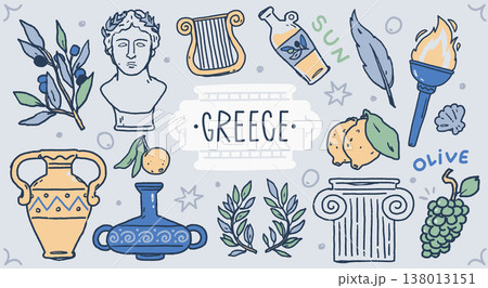 Retro composition of antique Greek elements featuring ancient columns, amphora, olives and grapes Retro composition of antique Greek elements featuring ancient columns, amphora, olives and grapes 138013151