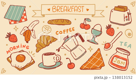Charming retro composition of breakfast elements featuring vintage toaster, coffee pot and eggs Charming retro composition of breakfast elements featuring vintage toaster, coffee pot and eggs 138013152