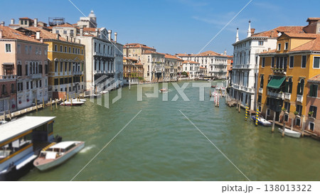 Wide panoramic view of the Grand Canal with historic Venetian palaces and boats under a blue sky Wide panoramic view of the Grand Canal with historic Venetian palaces and boats under a blue sky 138013322