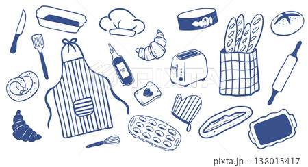 Hand drawn baking tools set in blue line style. Illustration perfect for bakery branding, packaging and dessert design 138013417