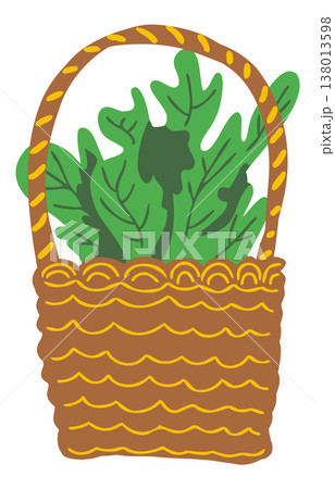 Wicker Basket with Fresh Green Vegetables, Organic Farm Harvest Illustration, Flat Vector Cartoon Style Healthy Food Concept for Grocery, Market, Cooking and Eco Lifestyle Design 138013598