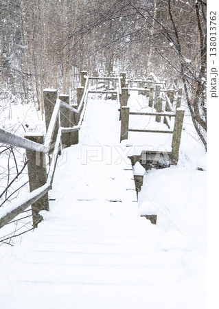 Snow Covered Wooden Boardwalk With Handrails In Winter Forest 138013762