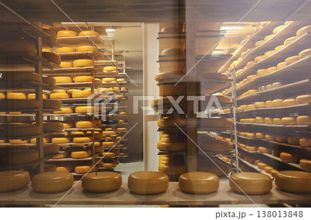 Large collection of cheese wheels maturing on wooden shelves Large collection of cheese wheels maturing on wooden shelves 138013848