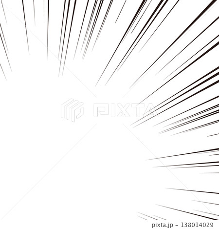 左下隅に集中してる漫画の集中線・効果線イラスト素材｜放射状のスピード線・ベクター・白黒バック 138014029